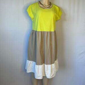 52seven Colorblock Midi Dress | Neon Yellow & Taupe | Pockets | XL